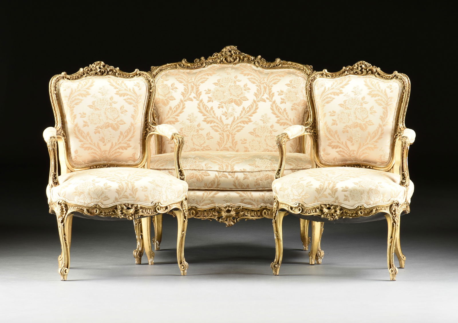 FRANÇOIS LINKE (1855-1946) A THREE PIECE LOUIS XV STYLE ROCOCO REVIVAL GILTWOOD SALON SUITE, (1 of 11)