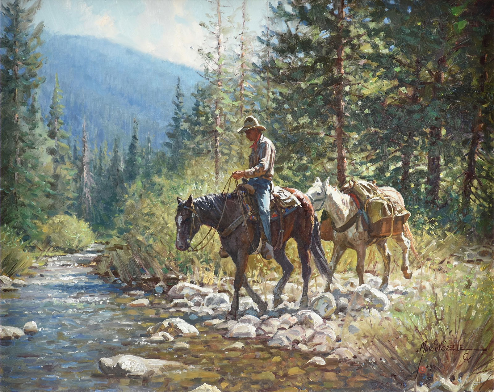 MARTIN GRELLE (American/Texas b. 1954) A PAINTING, "Fording the Stream," 1999, (1 of 14)