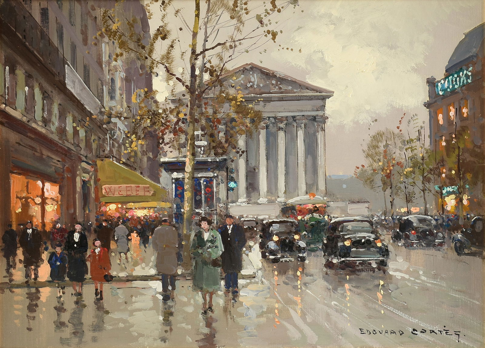 ÉDOUARD CORTÈS (French 1882-1969) A PAINTING, "Rue Royale, Madelaine Paris," CIRCA: ÉDOUARD CORTÈS (French 1882-1969) A PAINTING, "Rue Royale, Madelaine Paris," CIRCA 1945-1950, oil on canvas, signed L/R, "Edouard Cortes;" 13" x 18", framed 20 1/2" x 25 1/2". Provenance: Country St