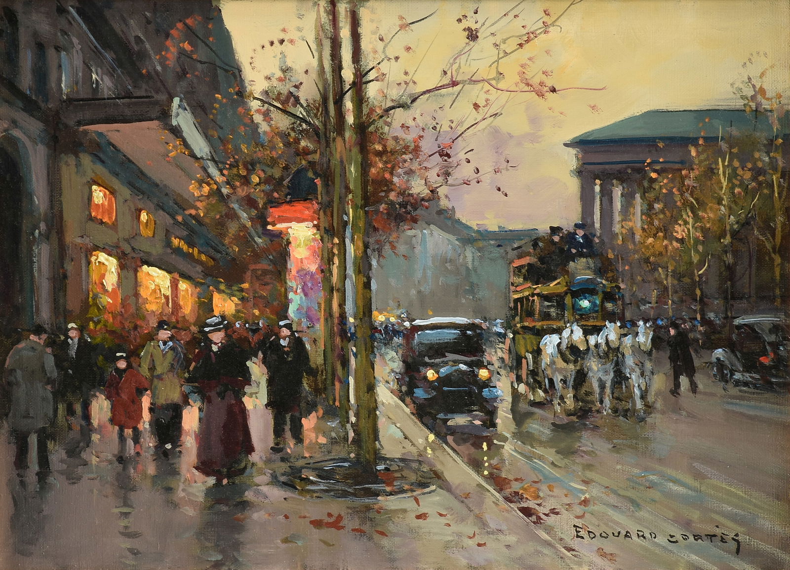 ÉDOUARD CORTÈS (French 1882-1969) A PAINTING, "Aux Trois Quartiers, Paris," CIRCA: ÉDOUARD CORTÈS (French 1882-1969) A PAINTING, "Aux Trois Quartiers, Paris," CIRCA 1945-1950, oil on canvas, signed L/R, "Edouard Cortes;" 13" x 18", framed 24 1/2" x 29 1/2". Provenance: Country Sto