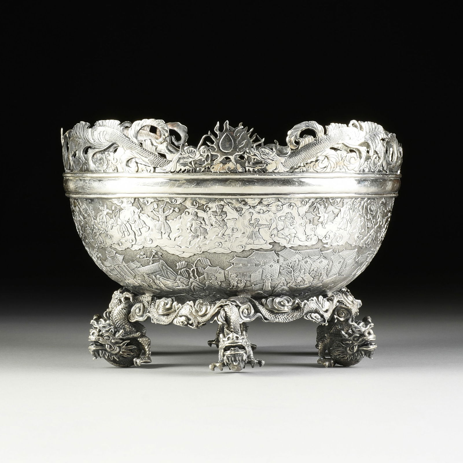 A CHINESE EXPORT SILVER BOWL ON DRAGON STAND, RETAILED BY WANG HING, BY SILVERSMITH DA JI, CANTON, (1 of 9)