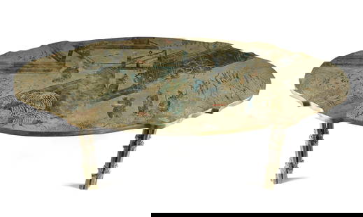 A PHILIP AND KELVIN LAVERNE COFFEE TABLE, AMERICAN, 1970s,: A PHILIP AND KELVIN LAVERNE COFFEE TABLE, AMERICAN, 1970s, verdigris bronze and paint on wood, signed in bronze, "Philip + Kelvin Laverne," on top, raised on clustered legs. Height: 16 1/4" Width: 60