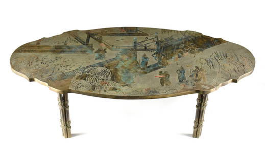 A PHILIP AND KELVIN LAVERNE COFFEE TABLE, AMERICAN, 1970s,: A PHILIP AND KELVIN LAVERNE COFFEE TABLE, AMERICAN, 1970s, verdigris bronze and paint on wood, signed in bronze, "Philip + Kelvin Laverne," on top, raised on clustered legs. Height: 16 1/4" Width: 60