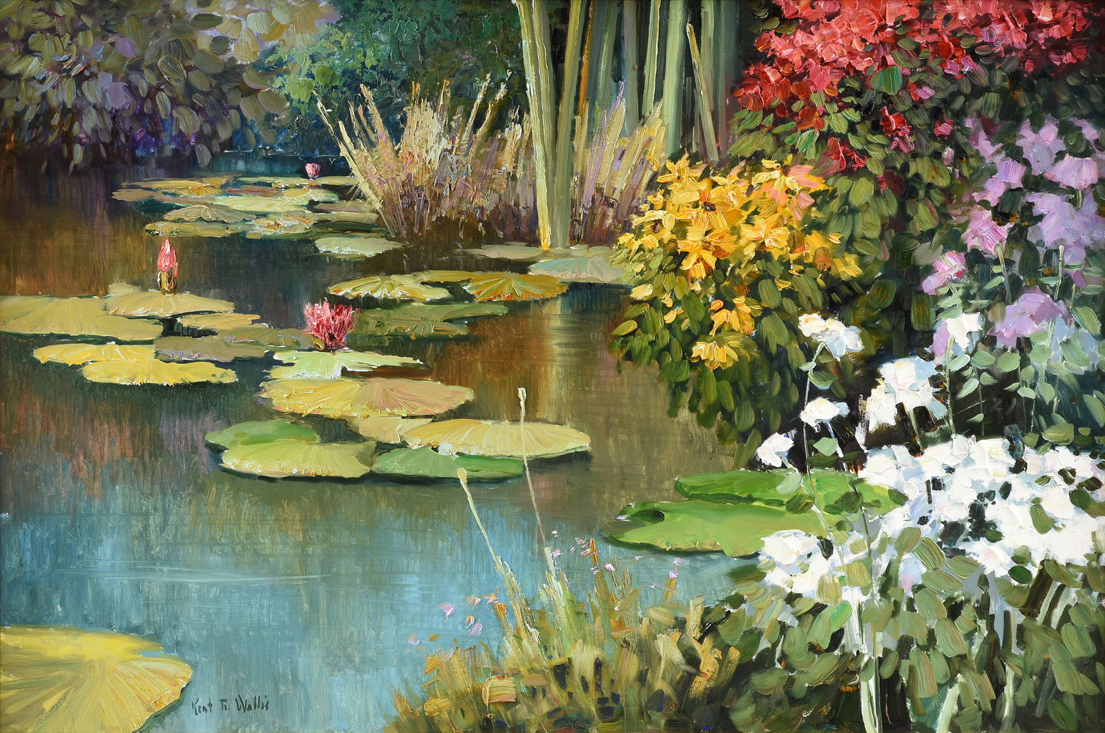 KENT WALLIS (American b. 1945) A PAINTING, "Blossoms and Water," 1998,: KENT WALLIS (American b. 1945) A PAINTING, "Blossoms and Water," 1998, oil on canvas, signed L/L, "Kent R. Wallis," also titled, signed, and dated on the stretcher; 40" x 60", framed 50 1/2" x 70 1/2"