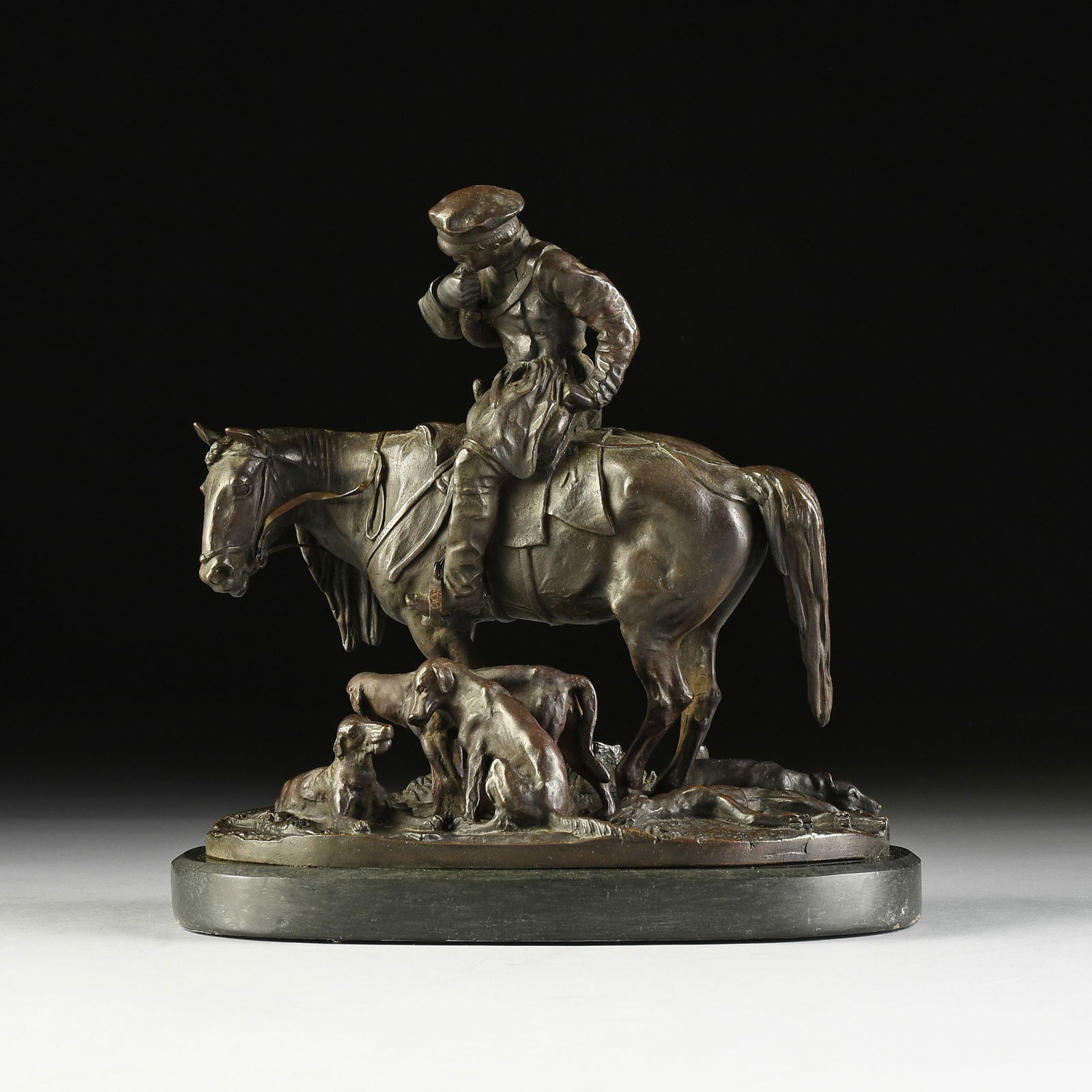 EVGENI ALEXANDROVICH LANCERAY (Russian 1848-1886) A SCULPTURE, "Hunter on Horseback with Hounds," (1 of 13)