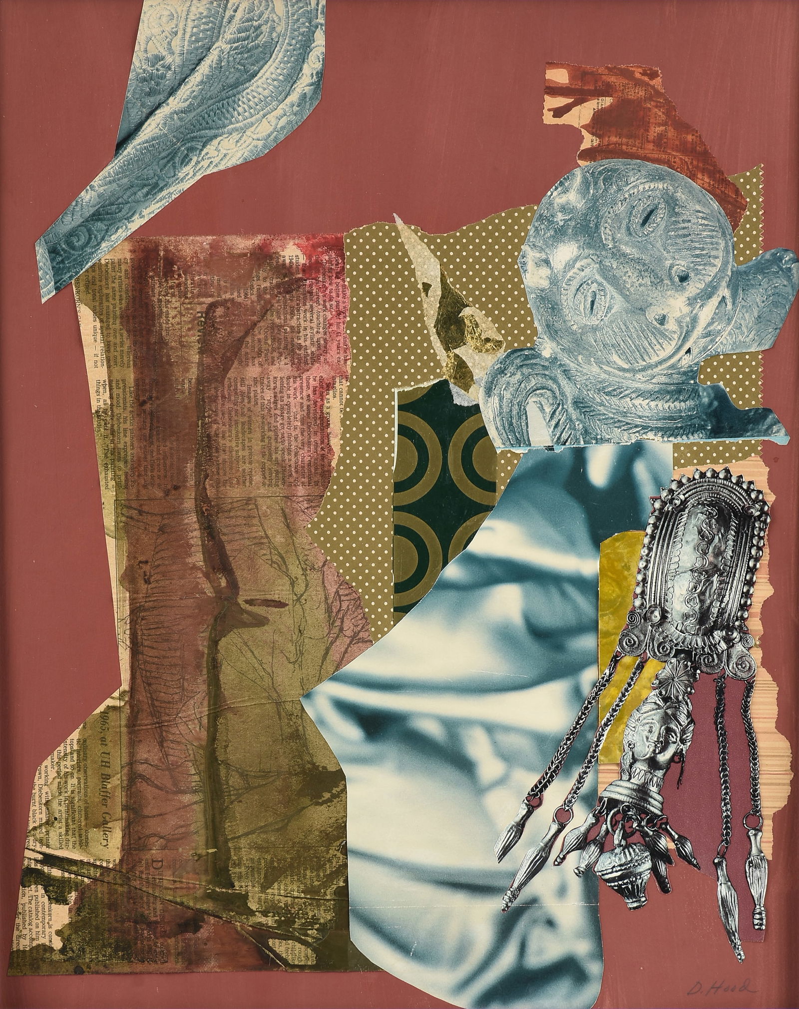 DOROTHY HOOD (American/Texas 1919-2000) A COLLAGE, "The Swing of Opulence," 1980s,: DOROTHY HOOD (American/Texas 1919-2000) A COLLAGE, "The Swing of Opulence," 1980s, mixed media collage with pigment, paper, and foil on card, signed L/R, "D. Hood," titled on reverse, "The Swing of Op
