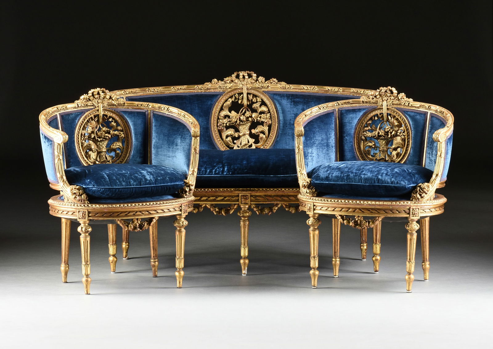 A SUITE OF THREE FRENCH TRANSITIONAL LOUIS XV/XVI STYLE CANAPÉ EN CORBEILLE AND BERGÈRES A (1 of 12)