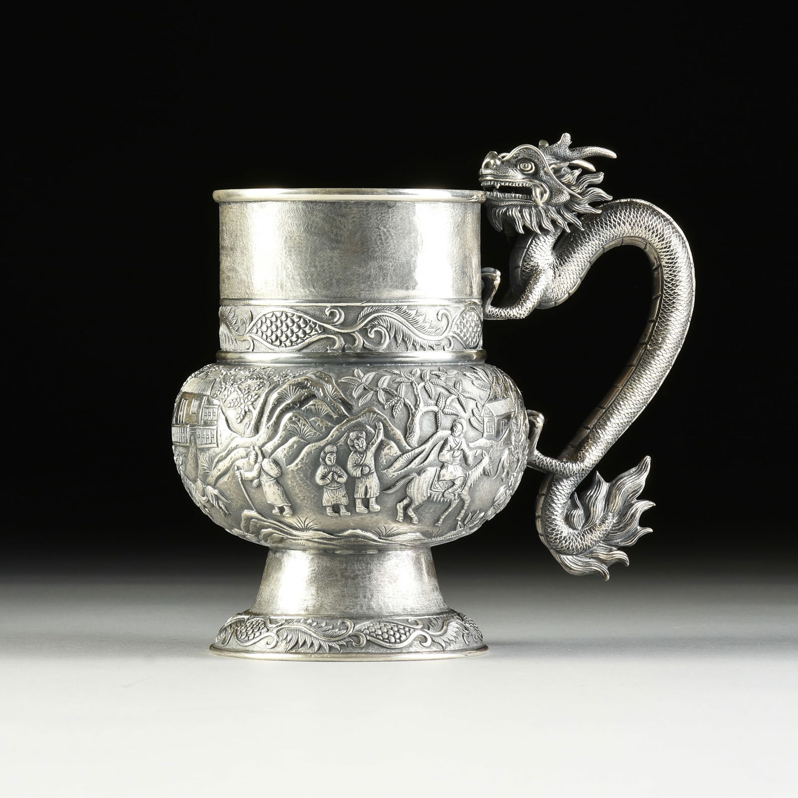 A CHINESE ART NOUVEAU SILVER TANKARD WITH DRAGON HANDLE AND NARRATIVE LANDSCAPE, BY TUCK CHANG, (1 of 12)