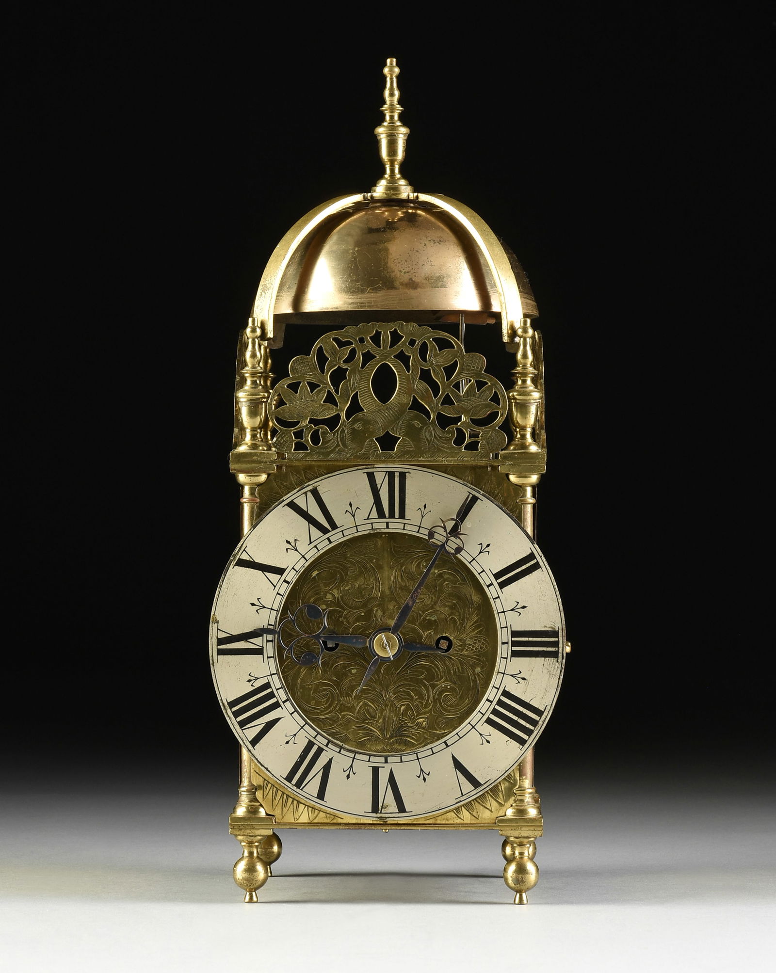 AN ENGLISH RENAISSANCE GILT BRASS, BRONZE, AND STEEL TWO BELL LANTERN WALL CLOCK, ATTRIBUTED TO THE (1 of 5)