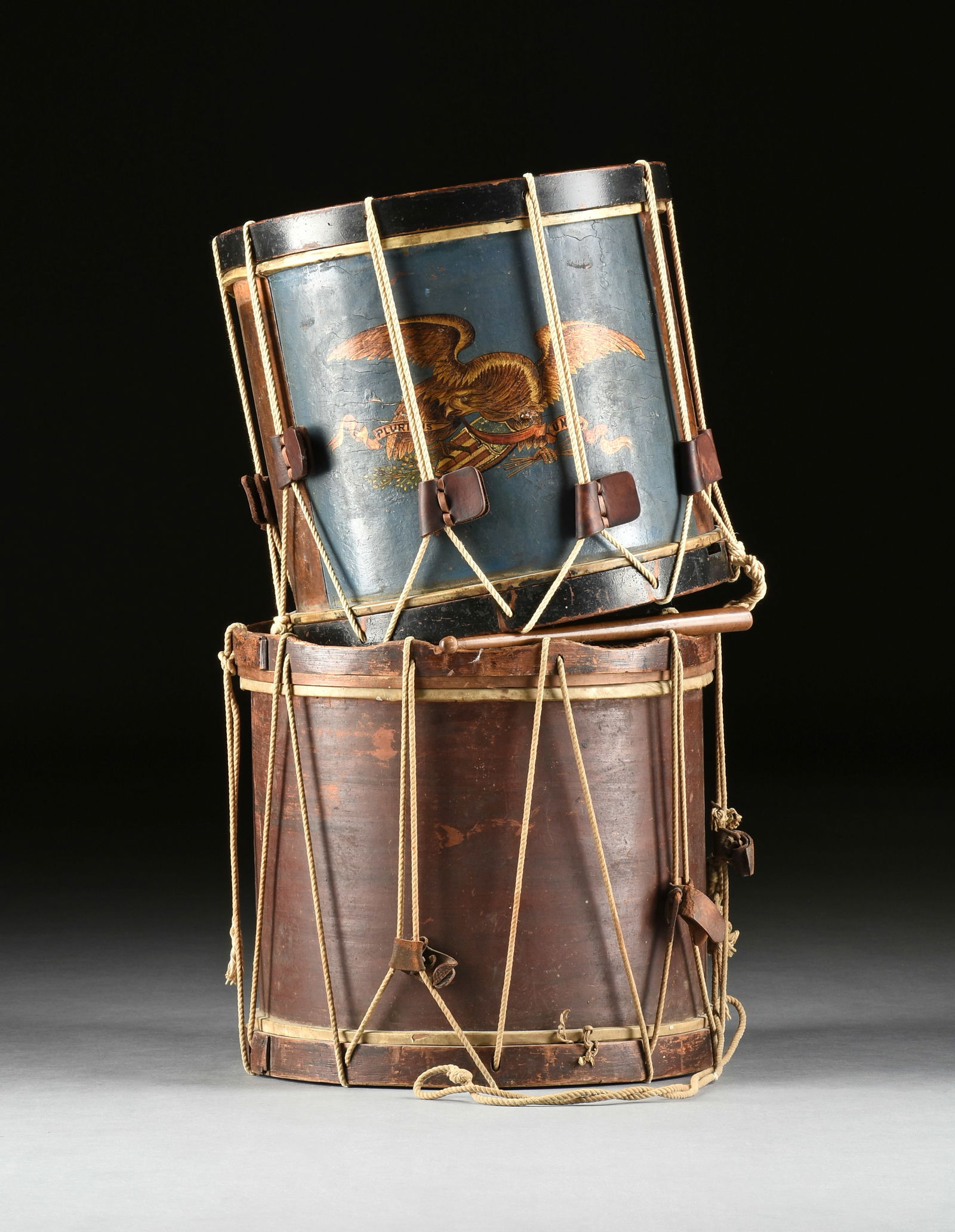 TWO AMERICAN CIVIL WAR ERA PAINTED DRUMS, ONE OF BIRD'S EYE MAPLE AND WITH "E PLURIBUS UNUM" PHRASE, (1 of 6)