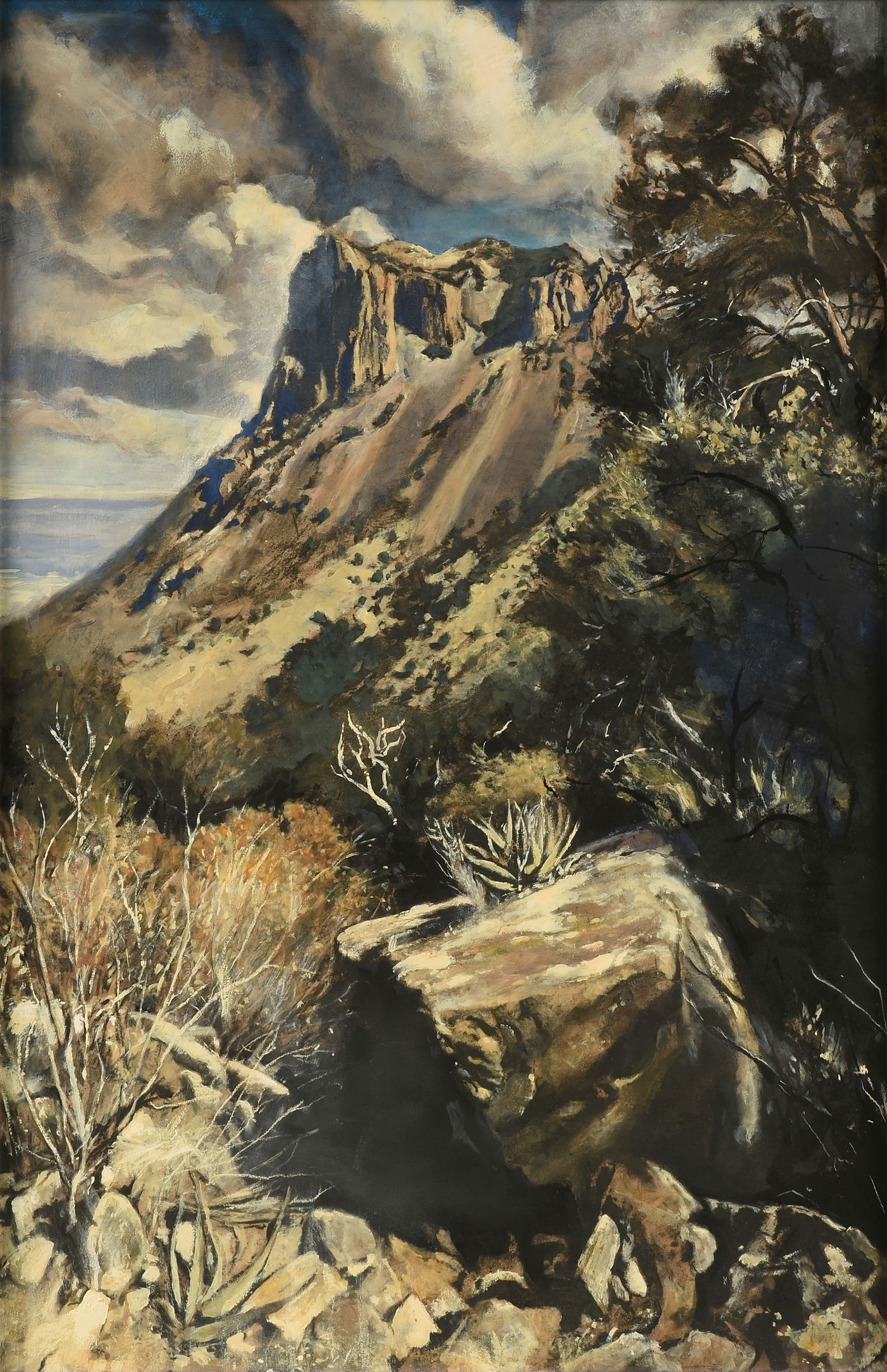 BOB STUTH-WADE (American b. 1953) A PAINTING, "Casa Grande from Pinnacles Trail," 2010,: BOB STUTH-WADE (American b. 1953) A PAINTING, "Casa Grande from Pinnacles Trail," 2010, gouache and mixed media on paper; a paper label on reverse from Valley House Gallery, Dallas; 44 3/4" x 30", fra