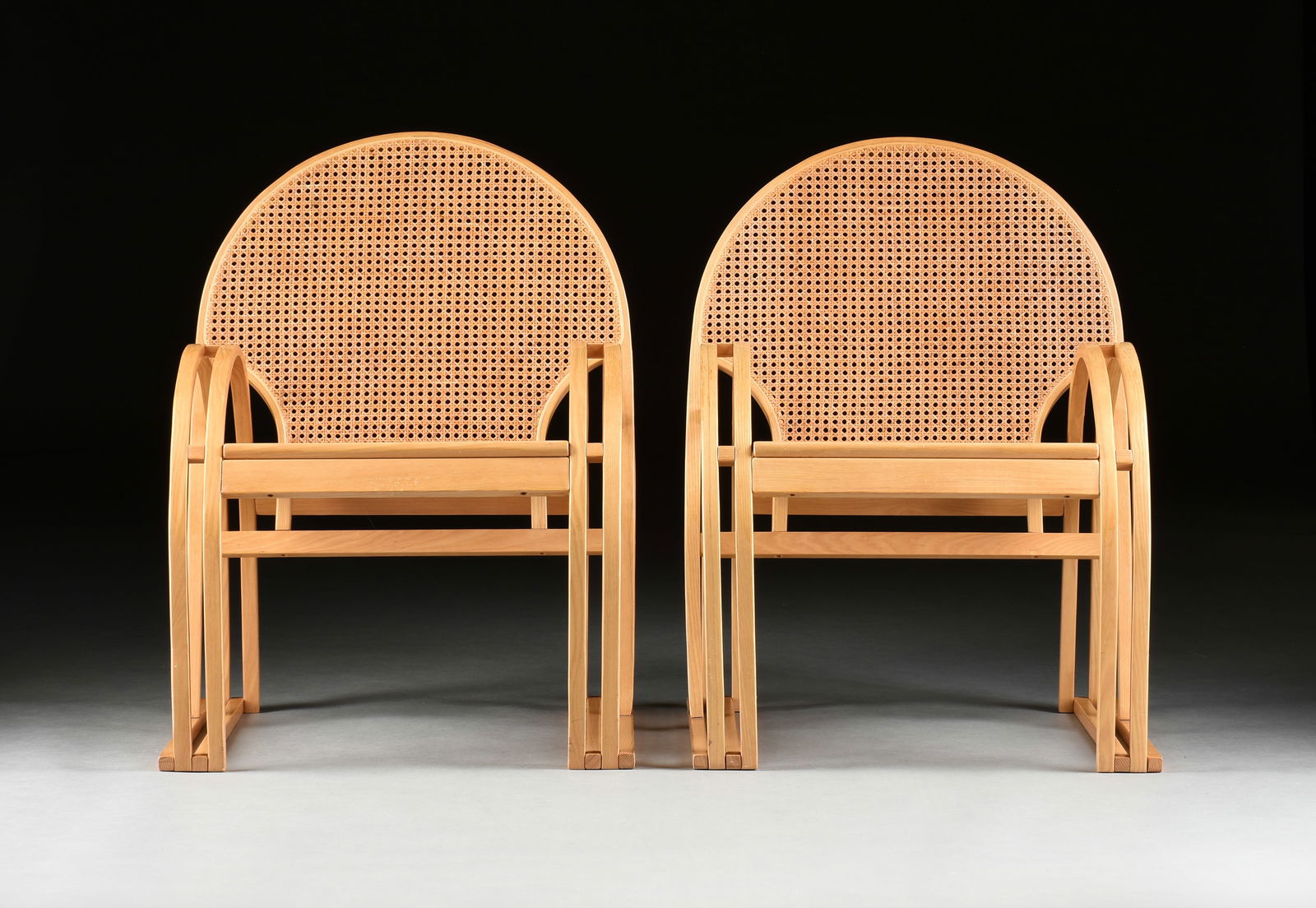 FOUR VIENNA SECESSIONIST STYLE CANED LOUNGE CHAIRS BY VERMONT STUBBS, AMERICAN, LATE 20TH CENTURY, (1 of 8)