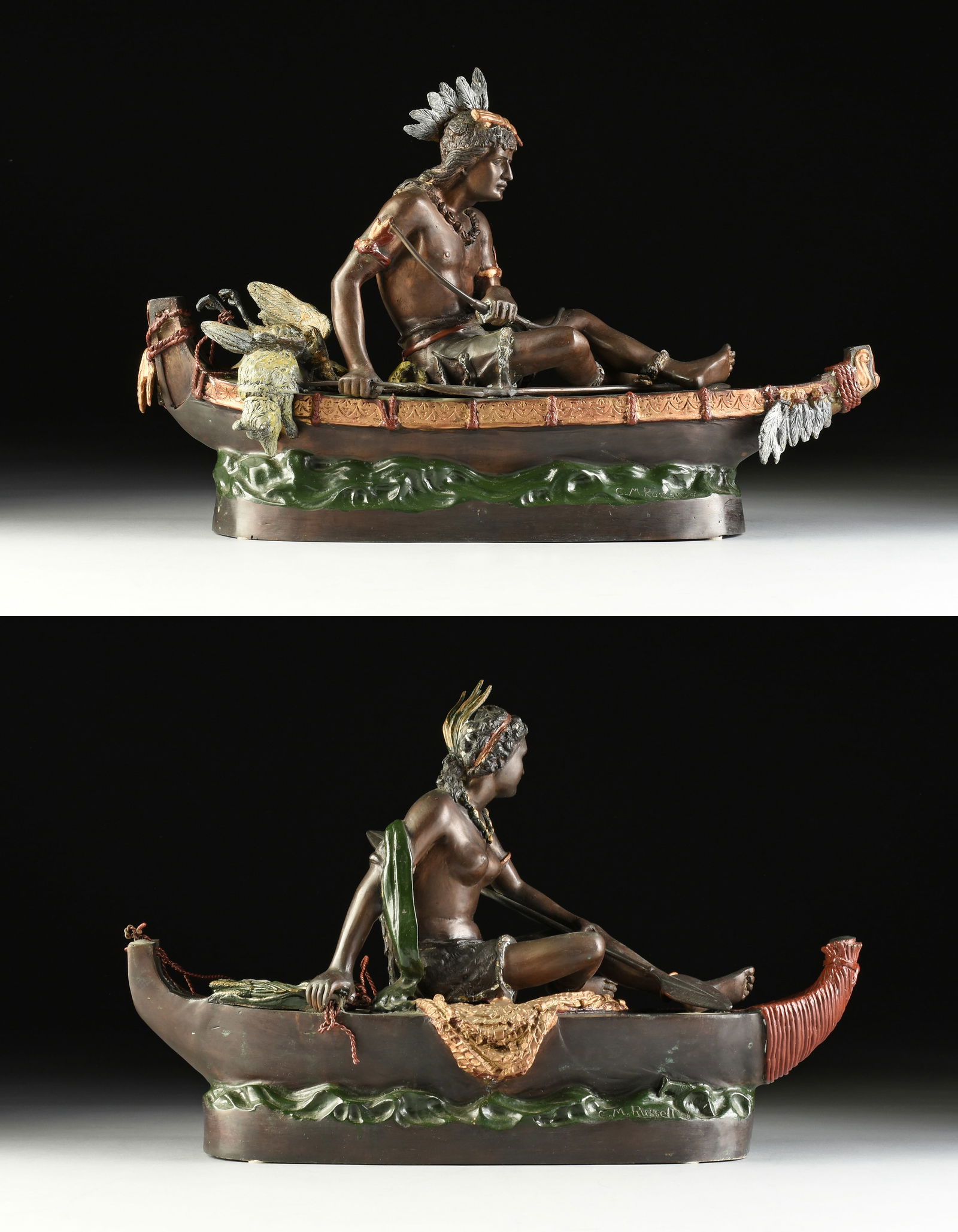 after CHARLES MARION RUSSELL (American 1864-1926) A BRONZE DIPTYCH, "Indian Man in Canoe," AND: after CHARLES MARION RUSSELL (American 1864-1926) A BRONZE DIPTYCH, "Indian Man in Canoe," AND "Indian Woman in Canoe," 20TH CENTURY, parcel gilt and cold painted patinated cast bronze, each signed in