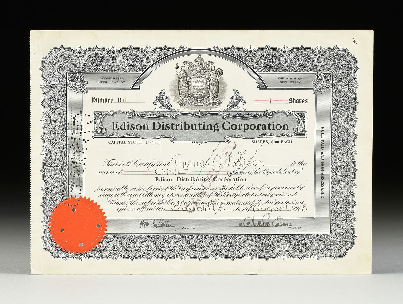 THOMAS EDISON AND SON SIGNED EDISON DISTRIBUTING CORP. $100 SHARE OF CAPITAL STOCK, NEWARK, NEW (1 of 8)
