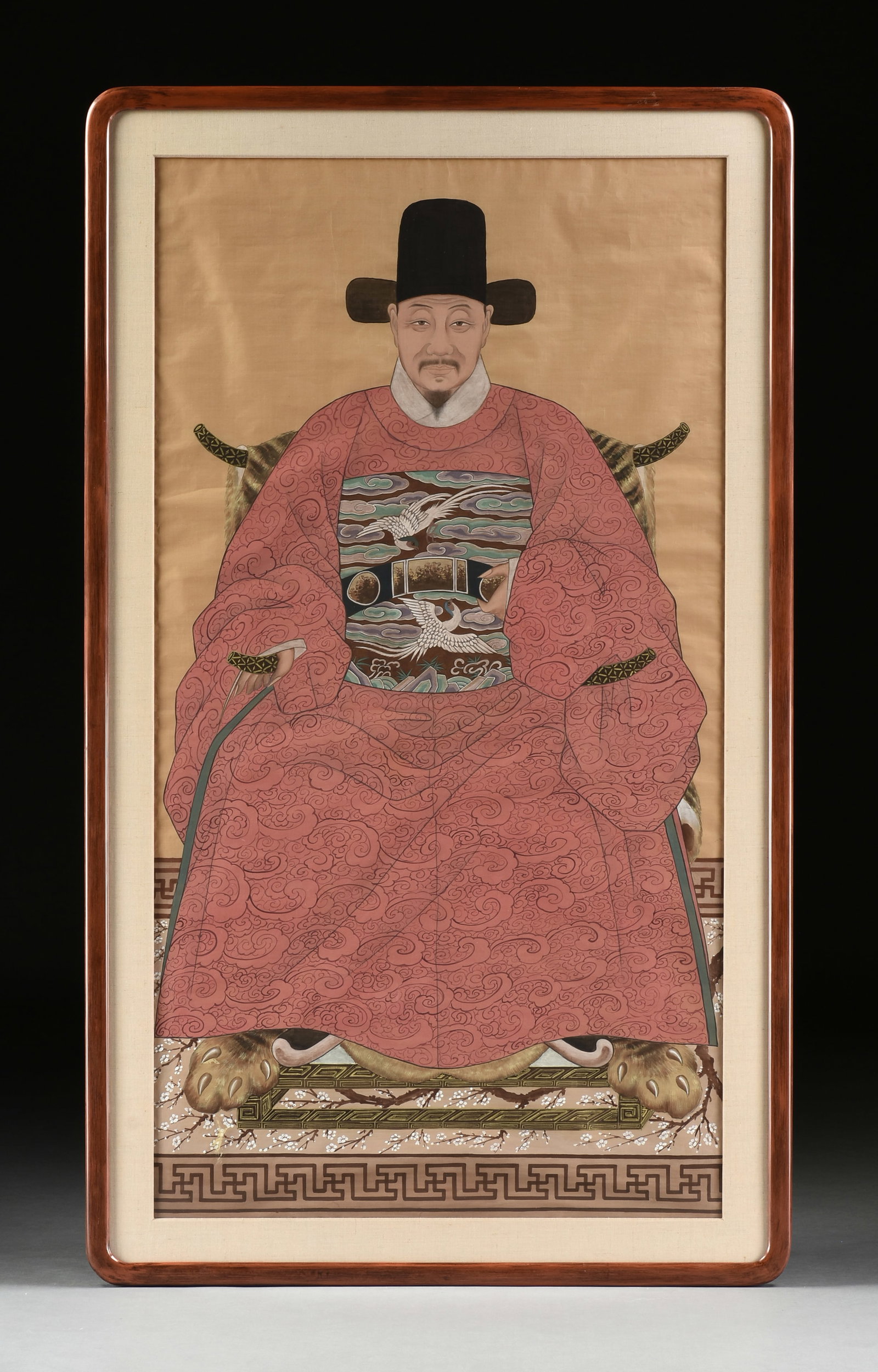 A JOSEON DYNASTY (1392-1894) MALE ANCESTOR PORTRAIT OF YANGBAN NOBLE WITH TIGER PELT, 18TH/19TH: A JOSEON DYNASTY (1392-1894) MALE ANCESTOR PORTRAIT OF YANGBAN NOBLE WITH TIGER PELT, 18TH/19TH CENTURY, gilt and watercolor on silk, a portrait of a civil servant of the first through third rank, wit