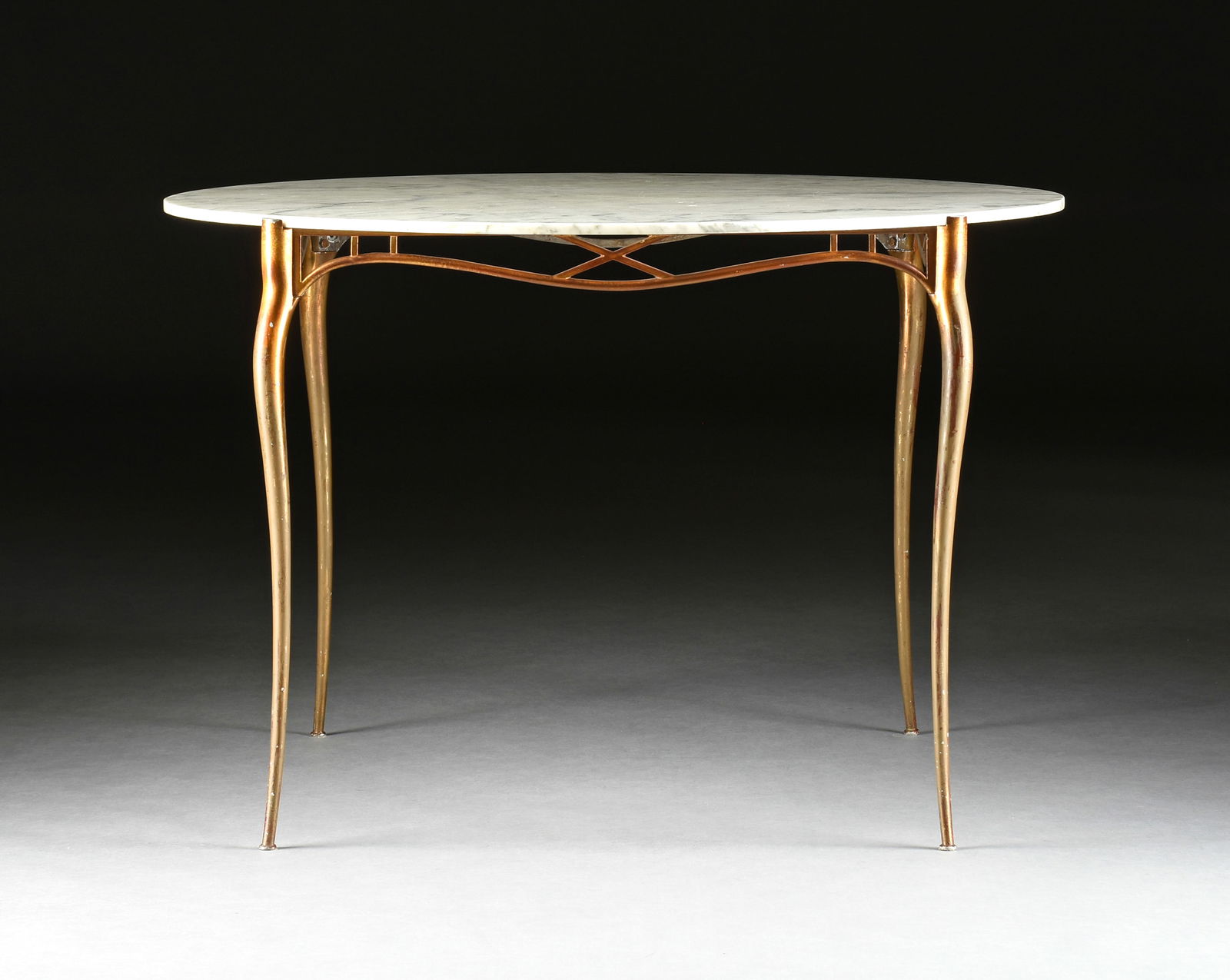 A HOLLYWOOD REGENCY STYLE GILT BRONZE MARBLE TOP CENTER TABLE, ITALIAN, EARLY/MID 20TH CENTURY, (1 of 9)