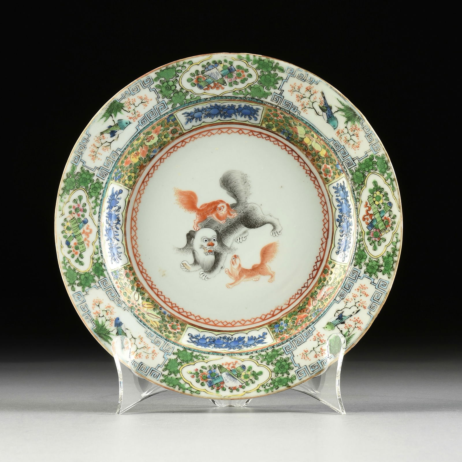 EIGHT KANGXI REVIVAL CHINESE EXPORT ROSE MEDALLION AND FAMILLE VERTE ENAMELED PORCELAIN PLATES WITH (1 of 5)