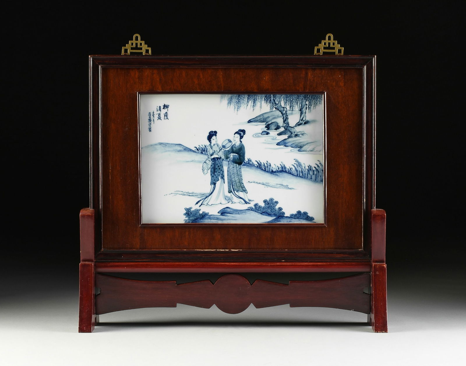 A CHINESE BLUE AND WHITE PORCELAIN PLAQUE TABLE SCREEN ON STAND, BEAUTIES IN LANDSCAPE, 20TH (1 of 6)