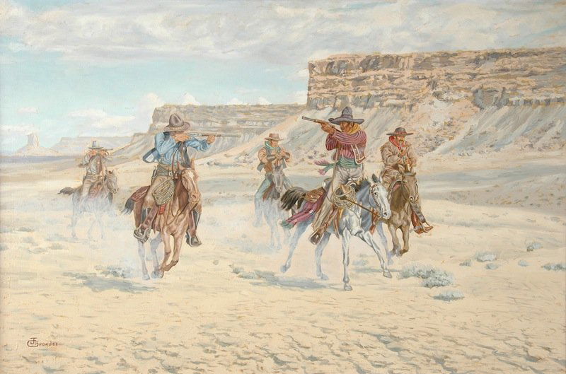 JOE RUIZ GRANDEE (American/Texas b. 1929) A PAINTIN: JOE RUIZ GRANDEE (American/Texas b. 1929) A PAINTING, "Give up!" oil on canvas, signed L/L. 24" x 36". Framed.