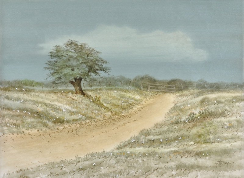 RAUL GUTIERREZ (American/Texas b. 1935) A PAINTING,: RAUL GUTIERREZ (American/Texas b. 1935) A PAINTING, "Texas Landscape," 14 1/2" x 19 1/4". Framed.