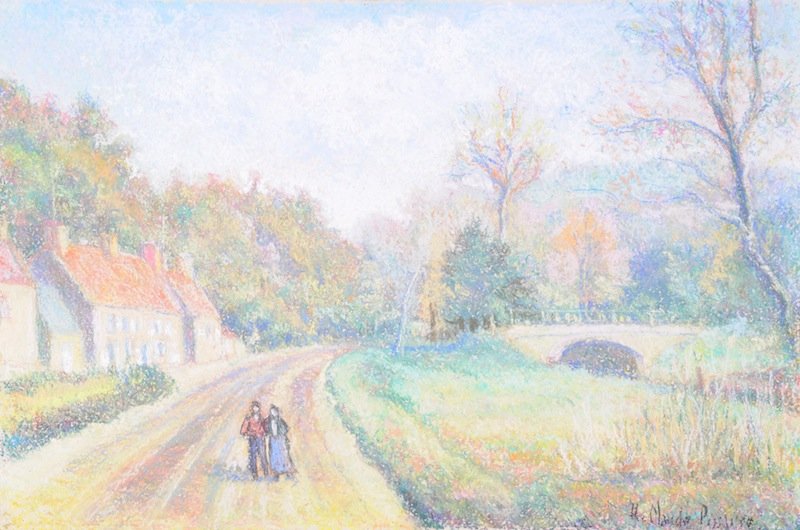 HUGHES CLAUDE PISSARRO (French b. 1935) A PAINTING: HUGHES CLAUDE PISSARRO (French b. 1935) A PAINTING, "Rural scene with two figures on road," pastel on paper, signed L/R. 9 3/4" x 14 1/2". Framed.