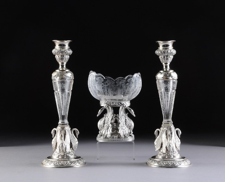 A THREE PIECE GERMAN SILVER MOUNTED CUT CRYSTAL MA: A THREE PIECE GERMAN SILVER MOUNTED CUT CRYSTAL MATCHED GARNITURE, SILVERSMITH HALLMARK FOR J.D. SCHLEISSNER & SOHNE OF HANAU, 800 SILVER, LATE 19TH/EARLY 2OTH CENTURY, in the Neoclassical Revival sty