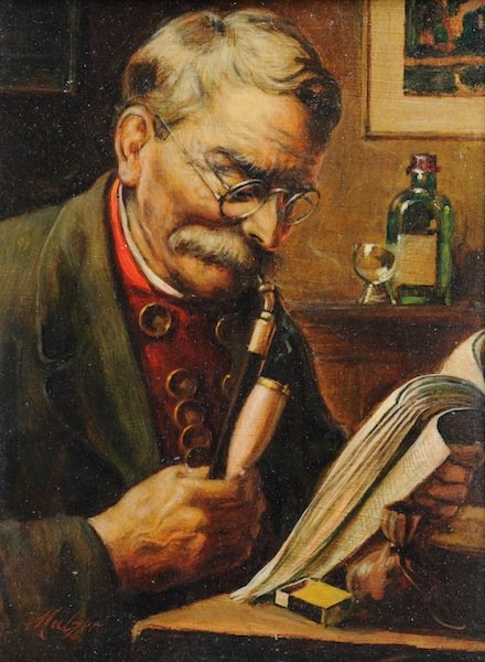 CONTINENTAL SCHOOL (Early 20th Century) A PAINTING: CONTINENTAL SCHOOL (Early 20th Century) A PAINTING, "Man reading," oil on panel, signed "Mulzer" L/L. 10 1/2" x 8". Framed.