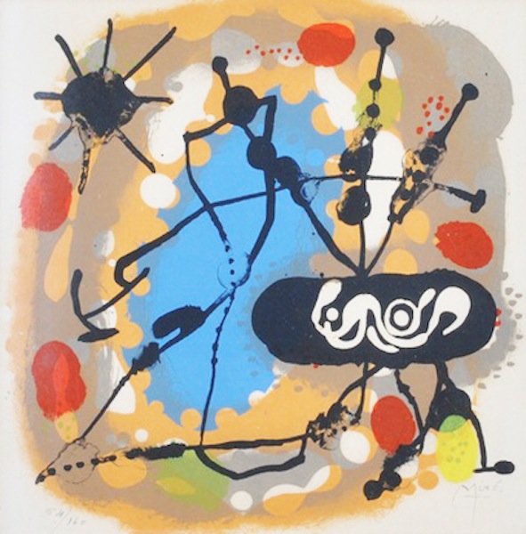 JOAN MIRÓ (Spanish 1893-1983) A LITHOGRAPH, "The E: JOAN MIRÓ (Spanish 1893-1983) A LITHOGRAPH, "The Element," ink on paper, signed L/R and numbered L/L 64/160. 8" x 8". Framed.