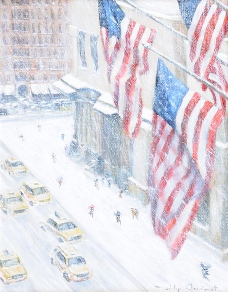 MARILYN GUERINOT (American b. 1947) A PAINTING, "F: MARILYN GUERINOT (American b. 1947) A PAINTING, "Flags in Winter," oil on canvas, signed L/R. 14" x 11". Framed.