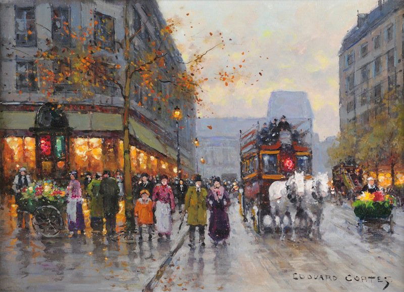ÉDOUARD CORTÈS (French 1882-1969) A PAINTING, "Par: ÉDOUARD CORTÈS (French 1882-1969) A PAINTING, "Paris Boulevard at the Turn of the Century," oil on canvas, signed L/R. 13" x 18". Circa 1930. Framed. This painting is accompanied by a Letter of Auth
