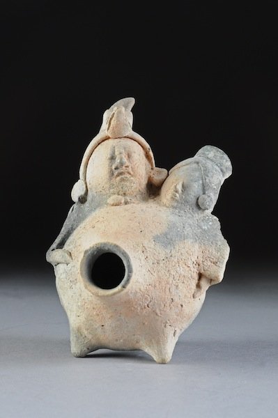 A PRE-COLUMBIAN MAYAN (GUATEMALA) TWO-HEADED WHIST: A PRE-COLUMBIAN MAYAN (GUATEMALA) TWO-HEADED WHISTLE, each wearing headdress. NOTE: The Maya is a Mesoamerican civilization, noted for the only known fully developed written language of the pre-Columb