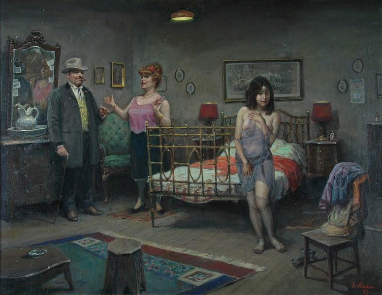 LAJOS MARKOS (American/Texas 1917-1993) A PAINTING: LAJOS MARKOS (American/Texas 1917-1993) A PAINTING, "The New Arrival," oil on canvas, signed L/R. 28" x 38". Framed.