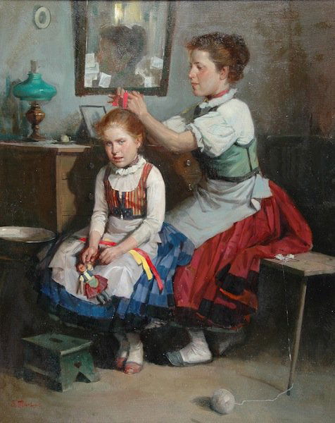 LAJOS MARKOS (American/Texas 1917-1993) A PAINTING: LAJOS MARKOS (American/Texas 1917-1993) A PAINTING, "Mother's Touch," oil on canvas, signed L/L. 30" x 24". Framed.