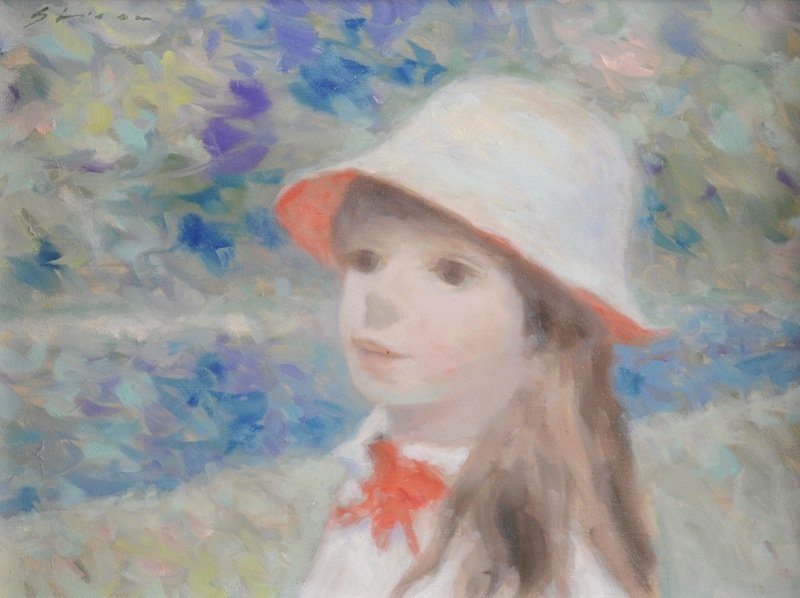 ANDRE GISSON (American 1921-2003) A PAINTING, "Gir: ANDRE GISSON (American 1921-2003) A PAINTING, "Girl with White Hat," oil on canvas, signed U/L. 9" x 12". Framed.