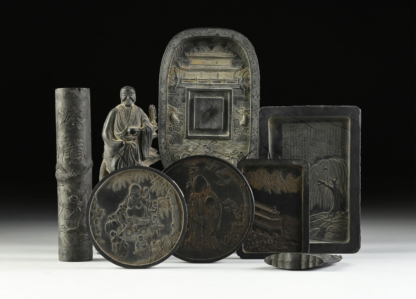 EIGHT ANTIQUE CHINESE INK CAKES AND STICK, DUCKS, IMMORTALS, AND LANDSCAPE, 19TH/20TH CENTURY (1 of 18)