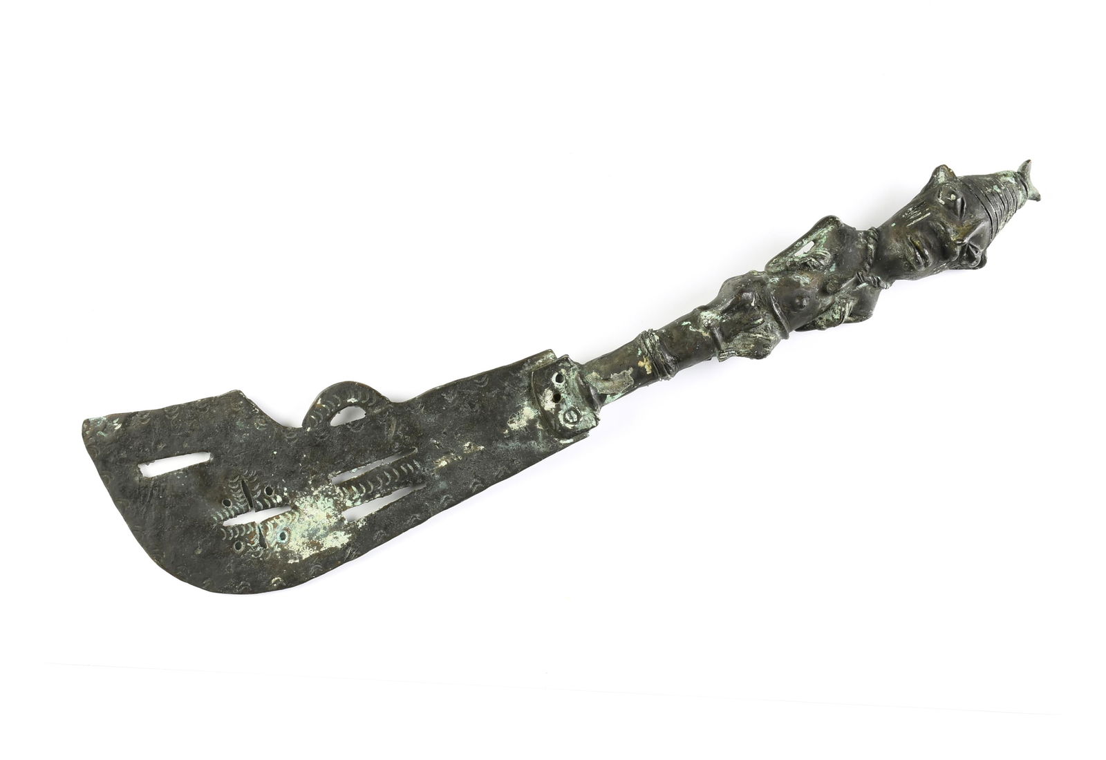 AN AFRICAN BRONZE CEREMONIAL AXE WITH FEMALE HANDLE, BENIN, 20TH CENTURY (1 of 5)