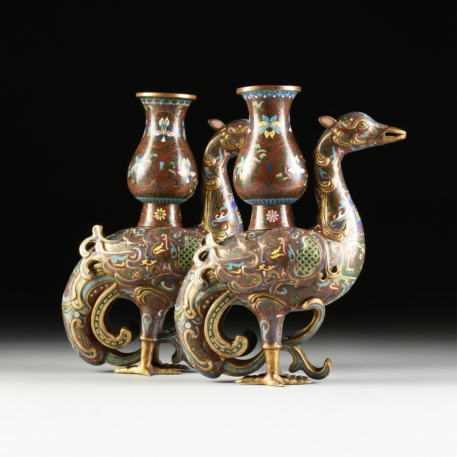 PAIR OF CHINESE POLYCHROME ENAMELED AND GILT COPPER CHAMPLEVÉ AND CLOISONNÉ BIRD FORM (1 of 14)