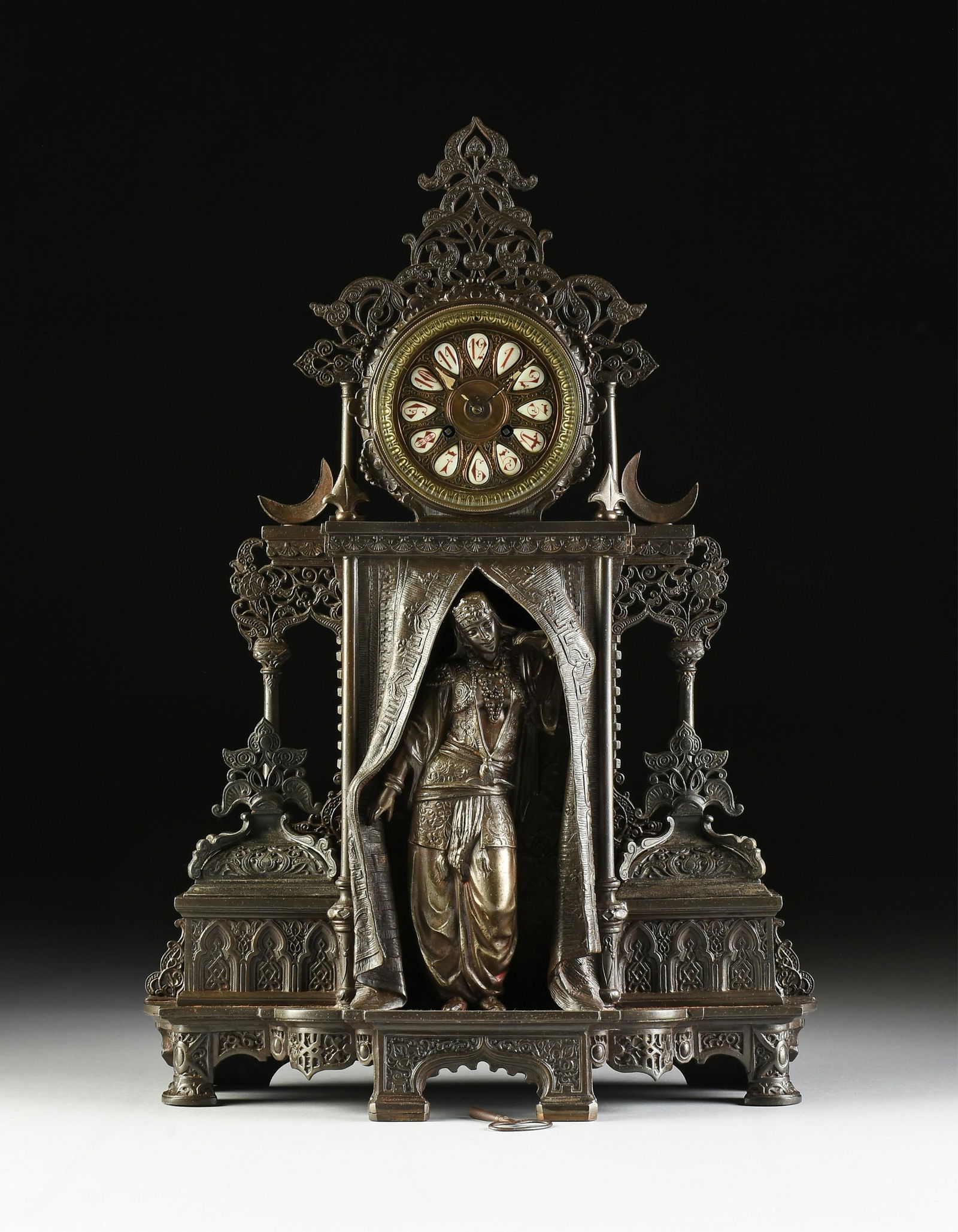 AN ORIENTALIST AESTHETIC CAST METAL MANTEL CLOCK, EMERGING MAIDEN DANCER, 1870s-1890s (1 of 16)