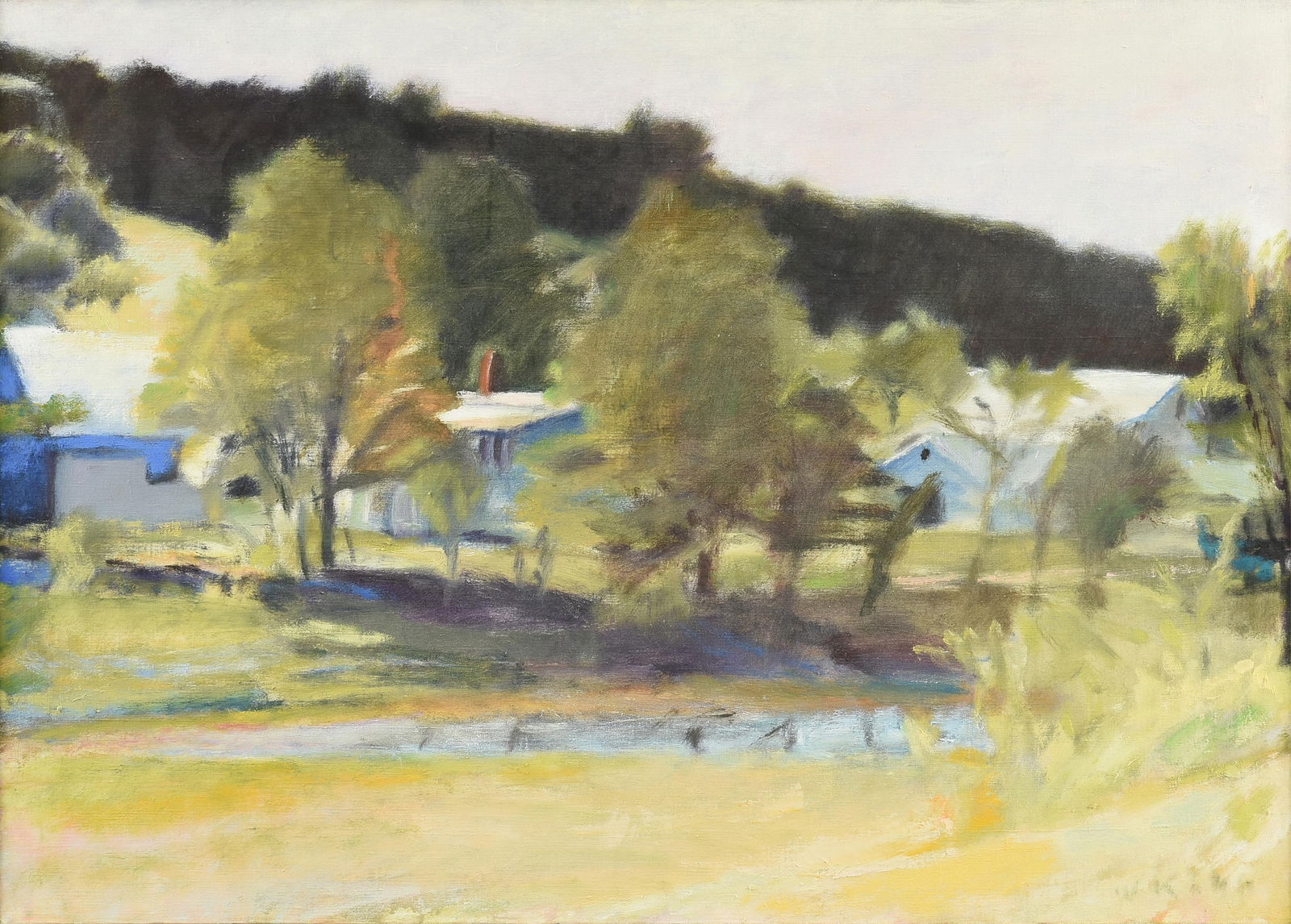 WOLF KAHN (American 1927-2020) A PAINTING, “Along the Green River,” 1978: WOLF KAHN (American 1927-2020) A PAINTING, “Along the Green River,” 1978, oil on canvas, signed L/R, "W Kahn," titled on the stretcher, "Along the Green River," and marked on the reverse of