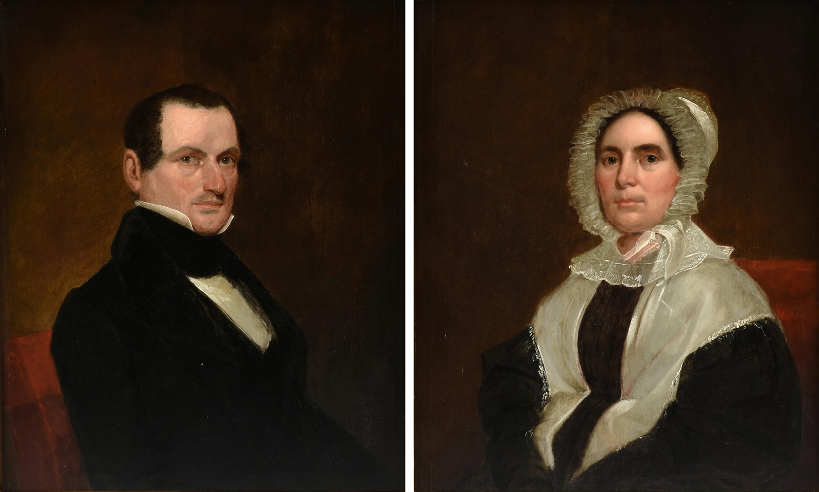 SCHOOL OF GILBERT STUART (American 1755-1828) A PAIR OF PAINTINGS, "Portrait of Elias Gilbert and: SCHOOL OF GILBERT STUART (American 1755-1828) A PAIR OF PAINTINGS, "Portrait of Elias Gilbert and Portrait of Phebe Benedict Gilbert," CIRCA 1815, the portrait of Mr. Gilbert, oil on panel; 29 1/2" x