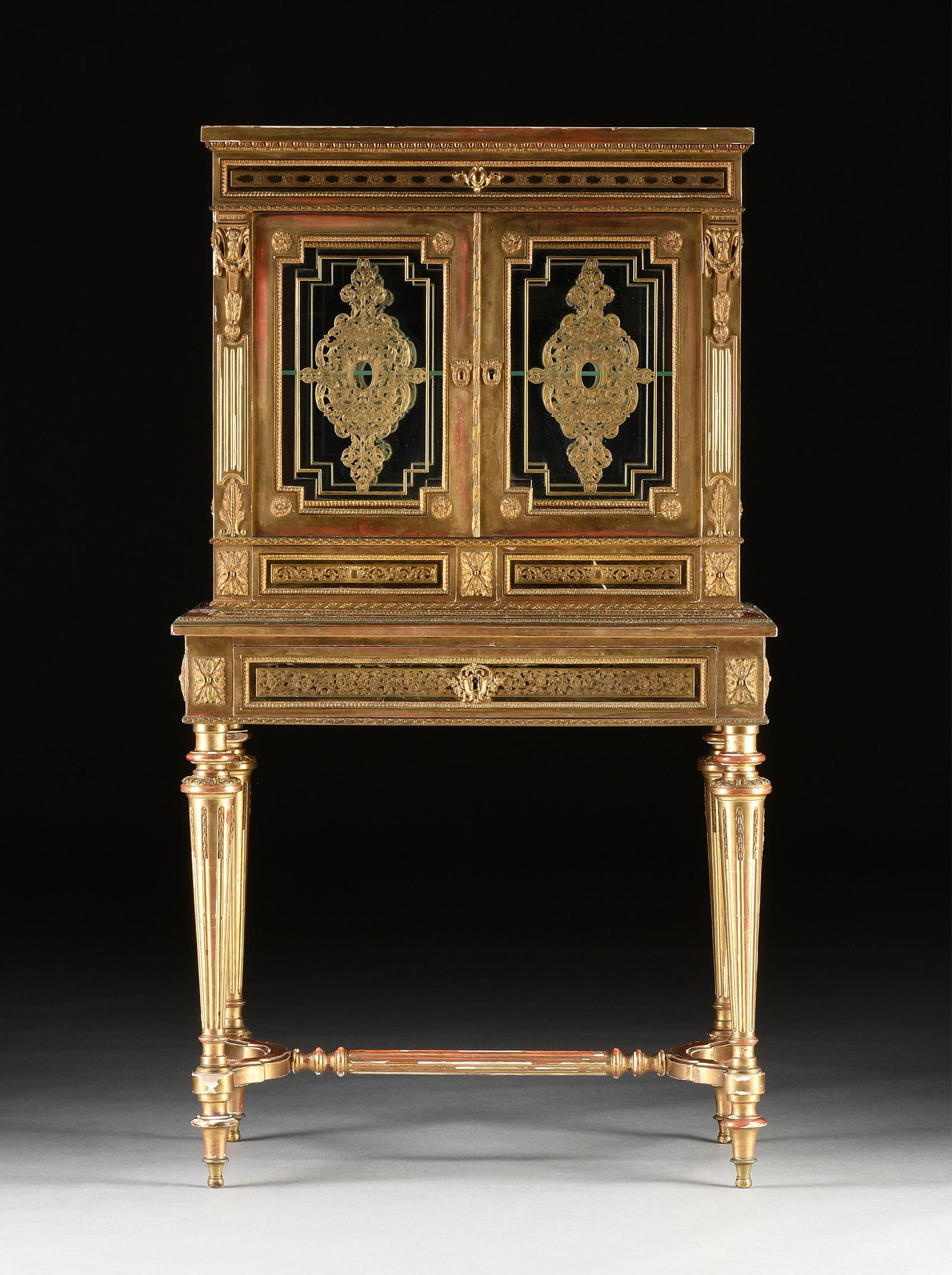 A LOUIS XVI STYLE GILTWOOD, ORMOLU, AND BRASS MOUNTED MIRRORED BONHEUR DU JOUR, FRENCH, MID/LATE (1 of 15)