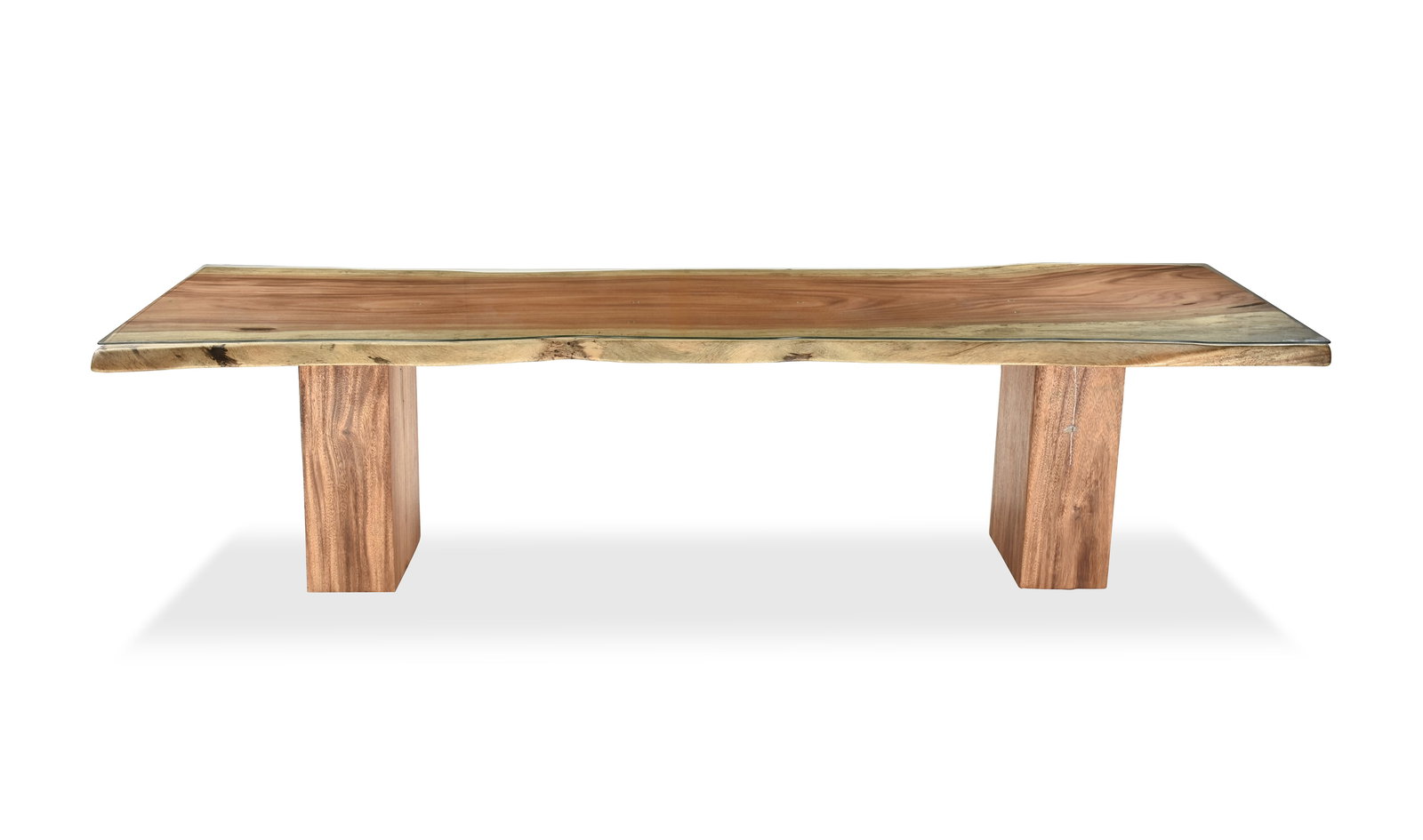 AN EXOTIC HARDWOOD LIVE EDGE DOUBLE PEDESTAL CONFERENCE TABLE WITH GLASS TOP, MODERN (1 of 1)