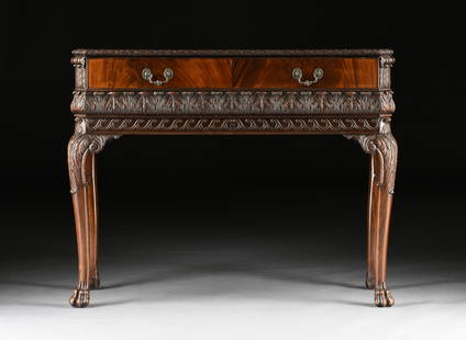 A GEORGE I STYLE FLAME MAHOGANY PIANO DESK, ENGLISH, EARLY 19TH CENTURY: A GEORGE I STYLE FLAME MAHOGANY PIANO DESK, ENGLISH, EARLY 19TH CENTURY, inspired by the furniture designs of William Kent (1685-1748) the shaped rectangular top with relief carved double helix beribb