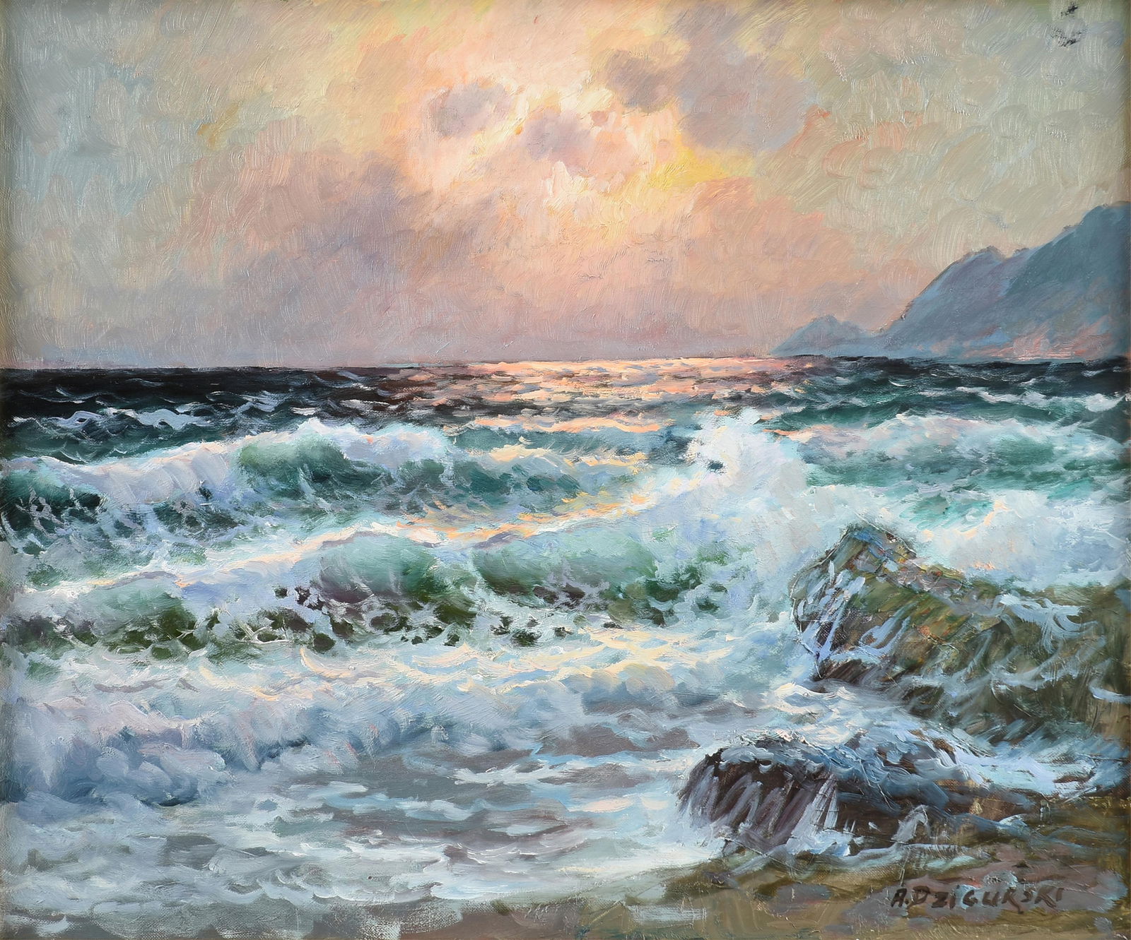 ALEXANDER DZIGURSKI (Serbian/American 1911-1995) A PAINTING, "The Waves at Sunset," 20TH CENTURY (1 of 13)