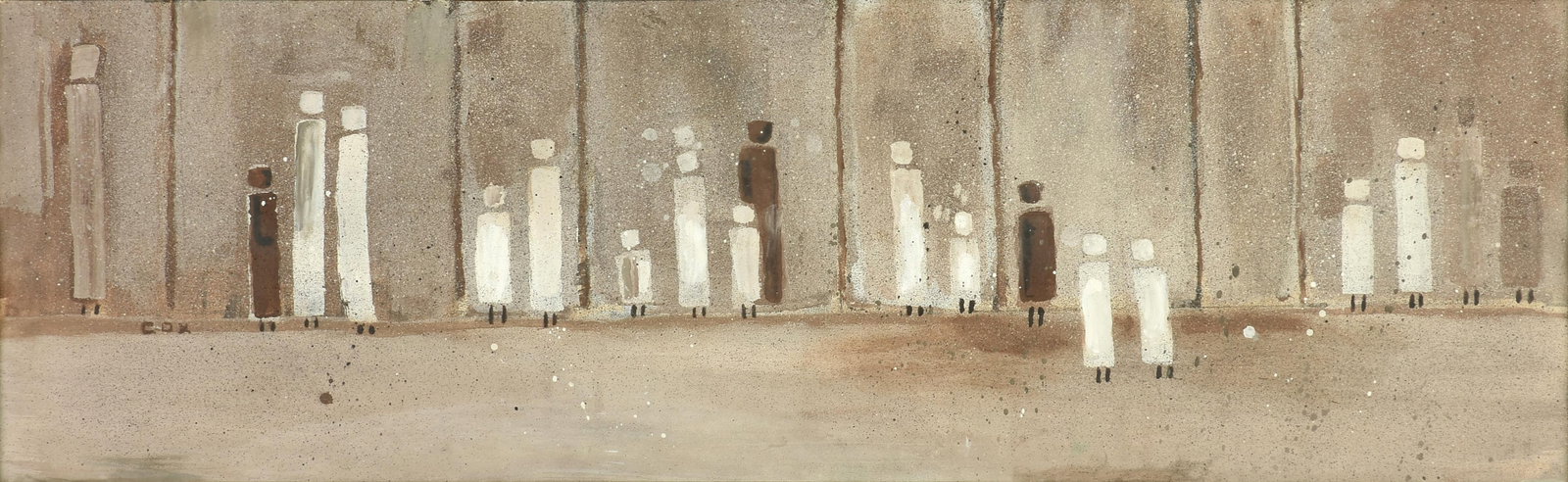 MERLE COX (American/Texas 20th Century) A PAINTING, "Untitled (Figures)," CIRCA 1960: MERLE COX (American/Texas 20th Century) A PAINTING, "Untitled (Figures)," CIRCA 1960, watercolor on paper, signed L/L, "Cox;" 9" x 29 1/2", framed 18" x 38 1/2".