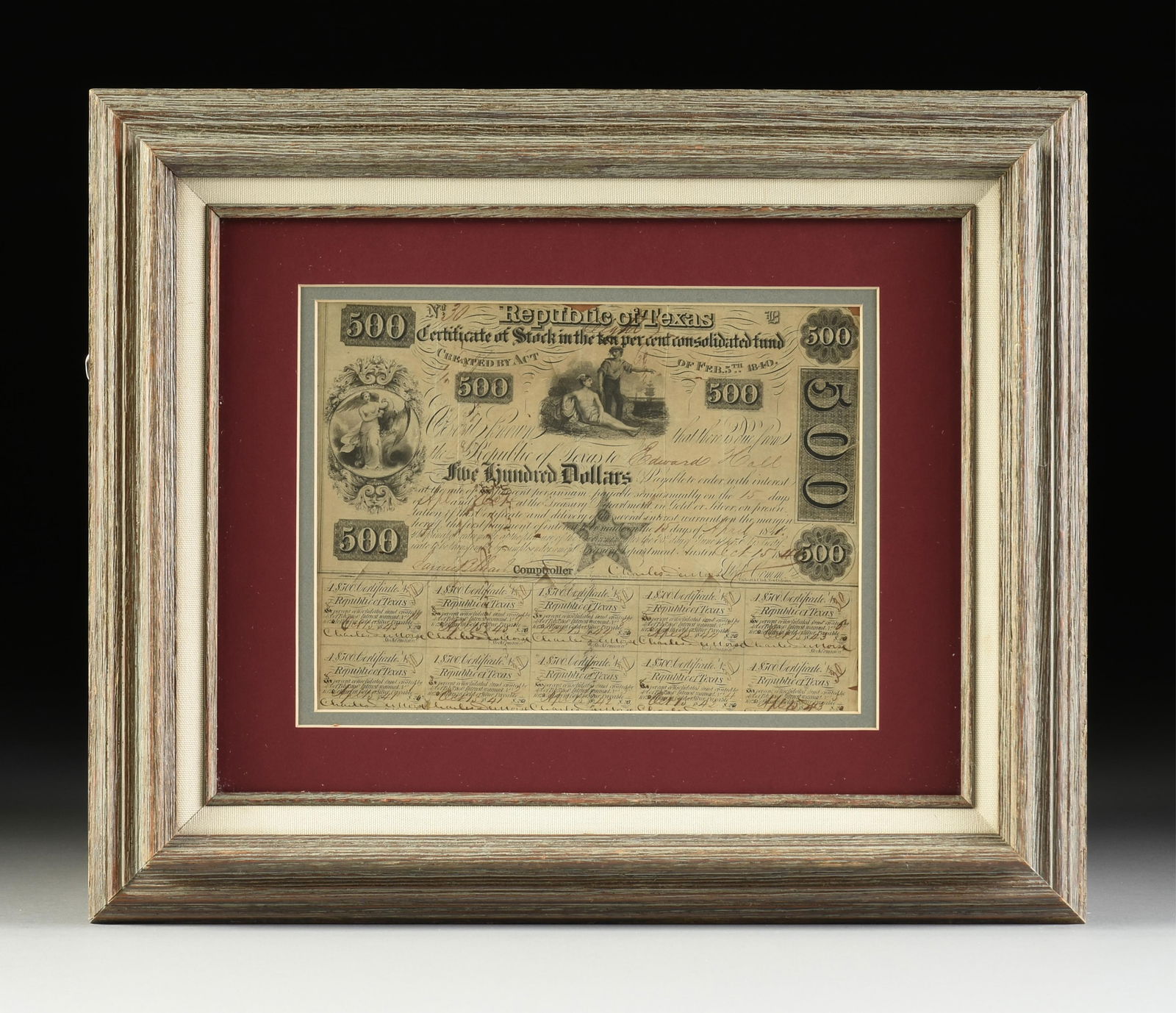 A REPUBLIC OF TEXAS $500 CERTIFICATE OF STOCK IN CONSOLIDATED FUND, AUSTIN, OCTOBER 15, 1840 (1 of 7)