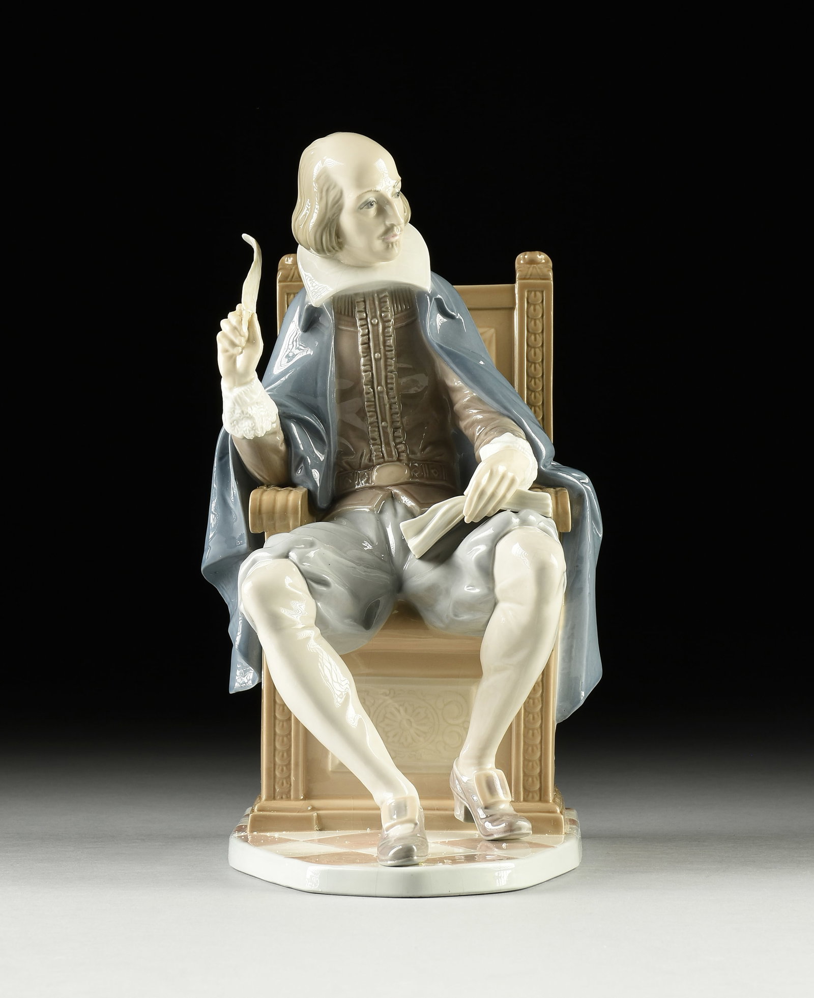 A LLADRÓ PORCELAIN FIGURE, "William Shakespeare," 1977-1985: A LLADRÓ PORCELAIN FIGURE, "William Shakespeare," 1977-1985, model #1338, with blue Lladró stamp at base and the signatures of the sculptor, "S. Furio," and the painter, "J. Ruiz," numbered, "No 277