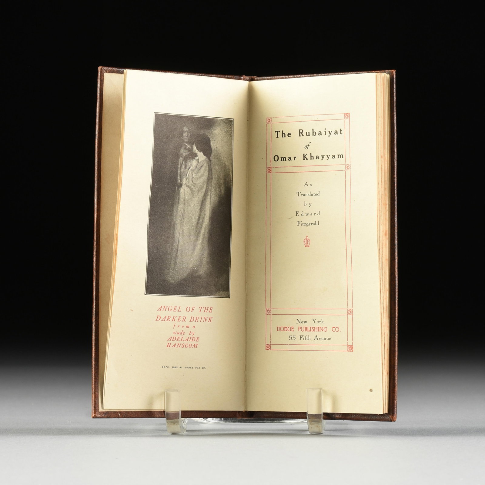 after EDWARD FITZGERALD (1809-1883) AN ENGLISH POETRY BOOK, "The Rubaiyat of Omar Khayyam," FOURTH: after EDWARD FITZGERALD (1809-1883) AN ENGLISH POETRY BOOK, "The Rubaiyat of Omar Khayyam," FOURTH EDITION TRANSLATION FROM PERSIAN, NEW YORK, 1905, red and black ink on cream paper, with an offset li