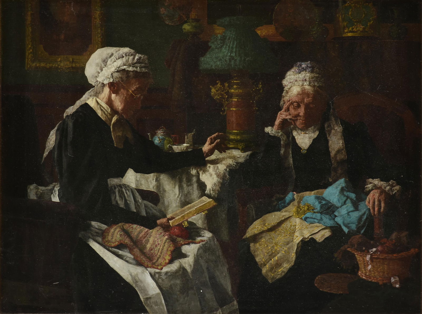 LOUIS HENRY CHARLES MOELLER (AMERICAN 1855-1930) A PAINTING, "Conversation," LATE 19TH OR EARLY 20TH (1 of 13)