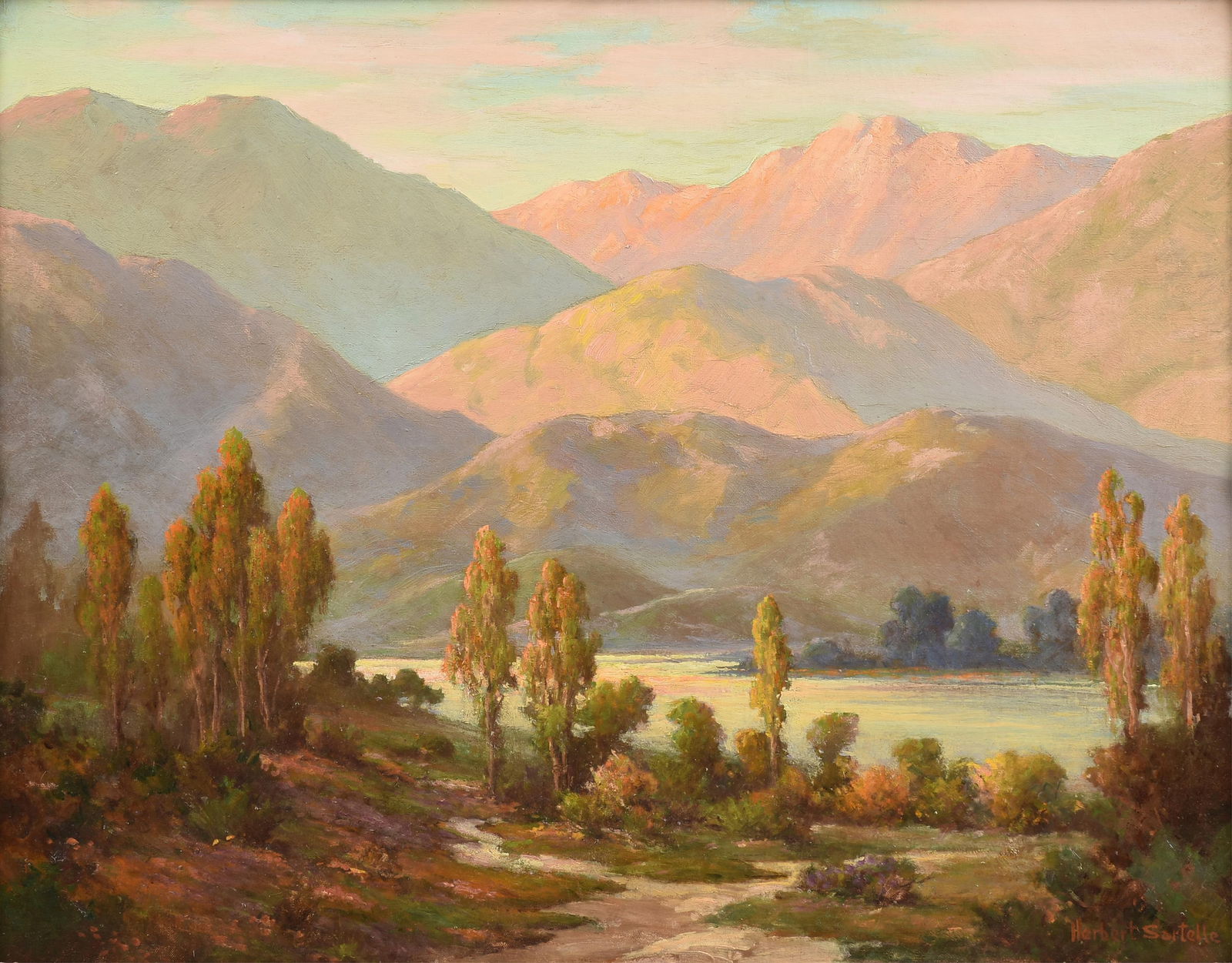 HERBERT SARTELLE (American 1885-1955) A PAINTING, "Mountain Landscape," 20TH CENTURY: HERBERT SARTELLE (American 1885-1955) A PAINTING, "Mountain Landscape," 20TH CENTURY, oil on canvas, signed L/R, "Herbert Sartelle;" 28" x 36", framed 35 1/2" x 43 1/2". Provenance: Collection of Sylv